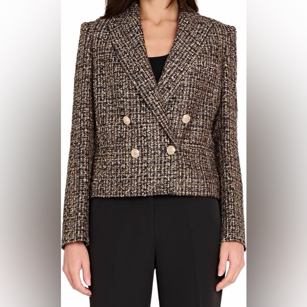 New! Tahari ASL Metallic Double Breasted Bouclé Crop Jacket
Sz4 tweed metallic